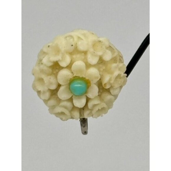 Vintage Earrings Carved Lucite/Resin Flowers Faux Turquoise Screw-Back, Unsigned - Picture 5 of 9